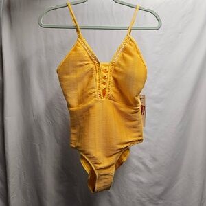 NWT Nicole Miller yellow stretch ribbed bathing suit one piece sz 10 v-neck
